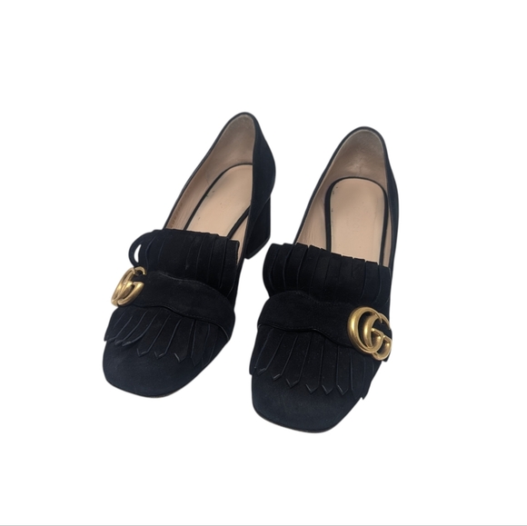 Gucci Shoes - Gucci Marmont Black Suede Fringe GG Block Heel Loafers Size EU 37.5